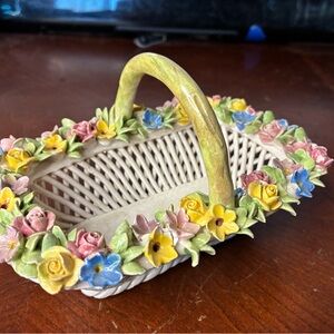 Vintage Porcelain Lattice Basket with Flowers